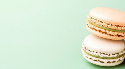 Two colorful macarons sit beautifully on a soft green background, showcasing their delicate textures and inviting flavors.