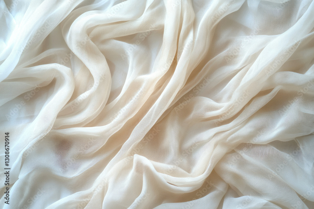 Aufkleber Cream-colored sheer fabric with soft, flowing folds and wrinkles, creating a luxurious and elegant texture.
