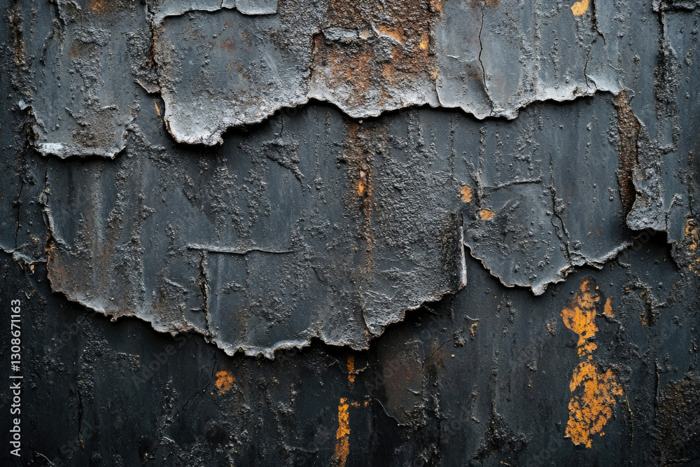 Poster dark, textured surface with peeling paint, revealing layers of rust and decay.