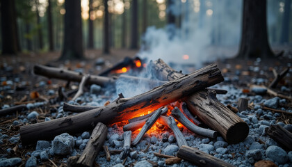 Obraz premium Smoldering ashes and glowing embers in burned forest, aftermath of wildfire