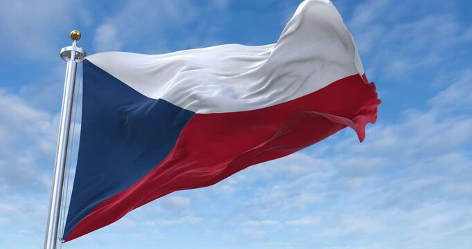 Czech Republic flag with flagpole waving in wind, rolling clouds background looping, 4K video (Perfect Loop)