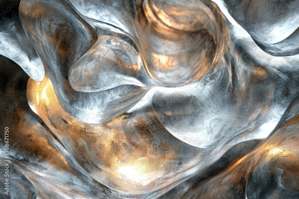 Poster abstract image depicting flowing, metallic textures in shades of silver and gold, creating a dynamic