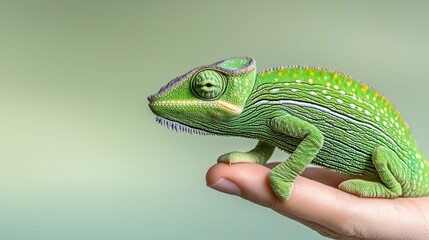 Fototapeta premium A vibrant green chameleon perched on a hand, showcasing its textured skin and expressive eyes against a soft, blurred background.