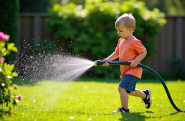Caucasian child playing with garden hose in sunny backyard