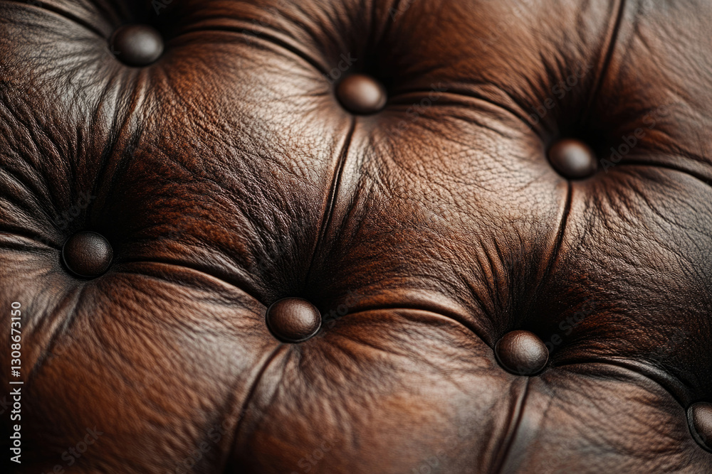 Poster close-up of brown leather upholstery with button tufting, showcasing texture and craftsmanship.