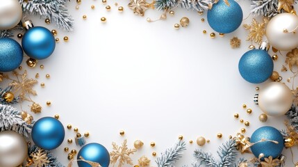 Festive christmas border with blue and gold ornaments and snow-covered pine branches
