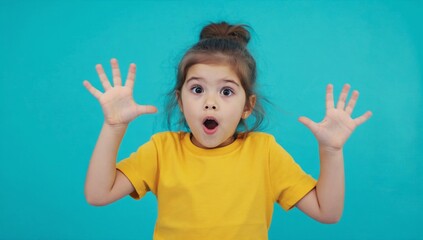 A young girl in a yellow shirt displays a look of surprise, raising her hands with wide eyes and an open mouth. The turquoise backdrop enhances her playful expression, showcasing joy