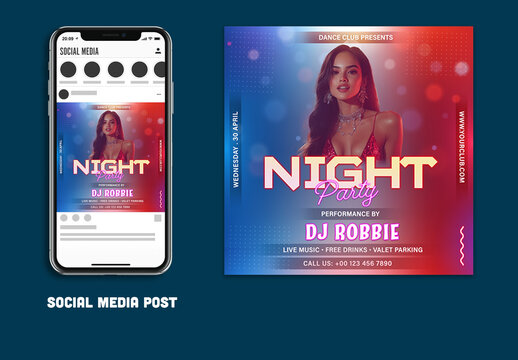 Night Party, Editable Social Media Post for Club, Disco and Upcoming Night Parties.