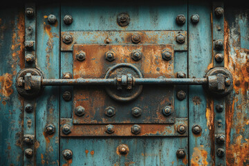 Rusty metal door with a bolted latch, showing signs of age and weathering.