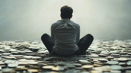 Person sitting on coins symbolizes financial reflection and credit counseling.