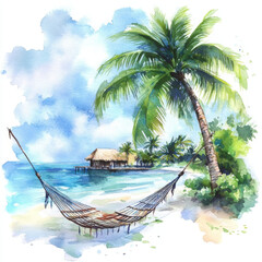 Watercolor illustration of peaceful beach scene evokes tranquility