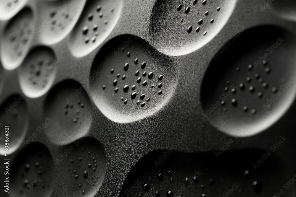 Poster close-up of a textured, dark surface with water droplets, creating a dramatic abstract image.