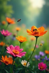 Obraz premium Vibrant wildflowers bloom, attracting buzzing insects , wildflower meadow, blossom