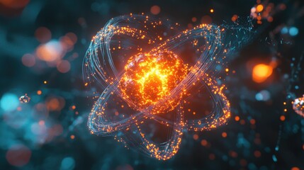Artistic visualization of an atom structure, showing energy flow between its glowing core and electrons.