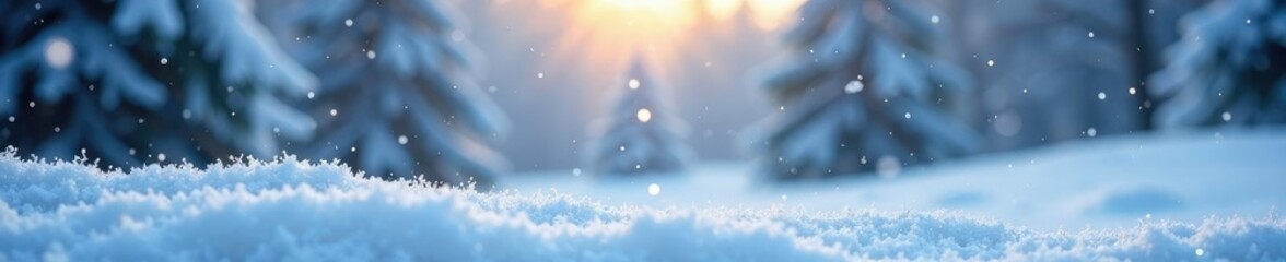 Snowflakes gently fall on a serene winter landscape, frosty atmosphere, winter