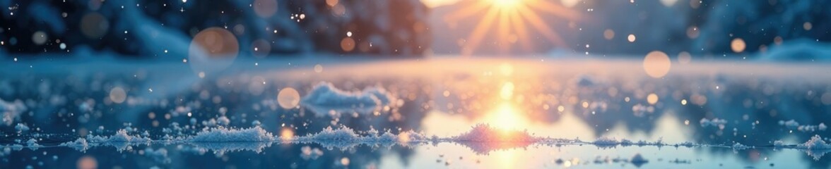 Naklejka premium Snowflakes gently fall on frozen lake surface, frosty scenery, frozen lake, warm lighting