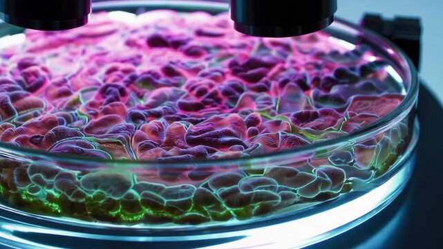 CloseUp Examination of Microscopic Cell Structure in a Petri Dish with Colorful Illumination
