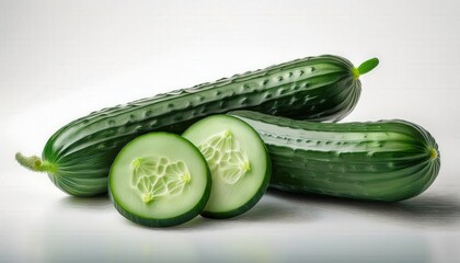 Fresh cucumbers, whole and sliced, resting on a pristine white backdrop, highlighting their crisp texture and vibrant green color, perfect for food styling, healthy eating, or product presentation.
