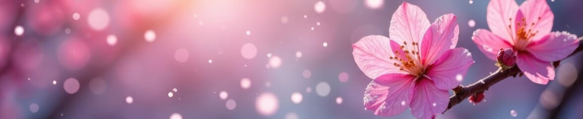 Fototapeta premium Snowflakes gently fall onto pink flower petals, blossoms, flowers, winter flowers