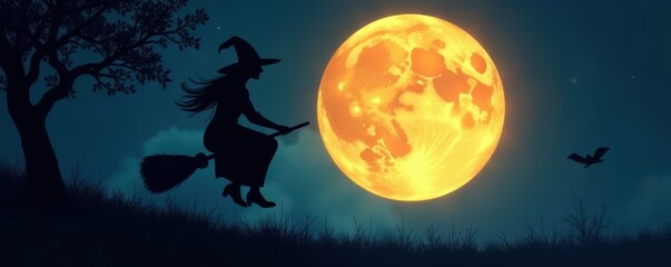 Silhouette of witch on broomstick against bright full moon , occult, enigmatic, shadow