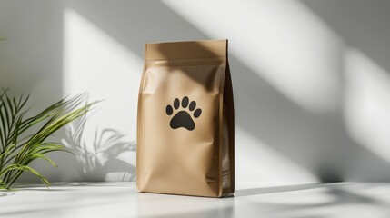 a sleek pet food bag mock-up with a minimalistic paw design