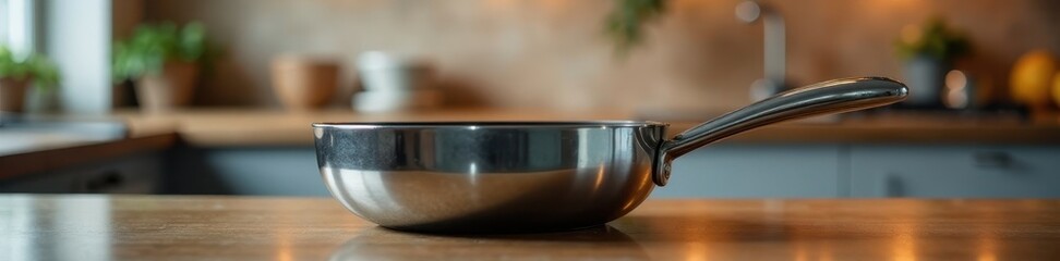 Sleek saucepan, bokeh background, modern kitchen, cooking utensil, cooking, style