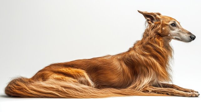 Elegant silken windhound in profile on white background
