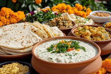 Festive Baisakhi feast with traditional Indian dishes and vibrant garnishes