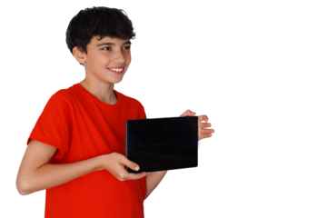 png, transparent background, isolated preteen boy with freckles smiling while showing the screen of a tablet