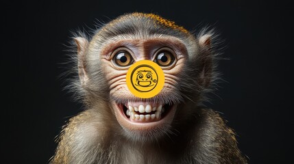 Obraz premium Monkey with smiley face sticker on nose against black background