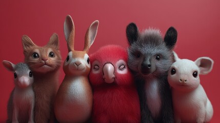 Fototapeta premium Adorable group of plush toy animals against red background