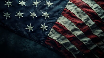 Fototapeta premium A close-up of an American flag, dark and moody, with plenty of room for text. 