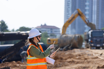 A female engineer wearing a safety vest and hard hat inspects a construction site, taking notes on...