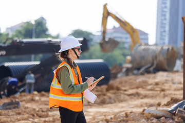 A female engineer wearing a safety vest and hard hat inspects a construction site, taking notes on...