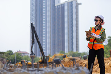 A female construction engineer wearing a safety vest and hard hat inspects a site using a tablet...