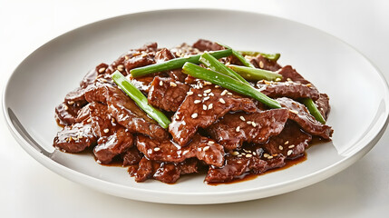 Perfectly Plated Mongolian Beef with Green Onions and Sesame Seeds on a White Plate