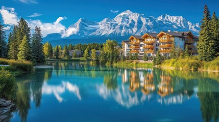 Fototapeta premium Majestic Mountain Lake Resort: A Serene Escape