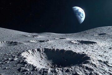 Jagged lunar craters, desolate dust, distant Earth , grey, moonscape