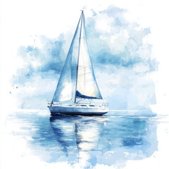 Watercolor painting of sailboat cruising on calm sea, serene