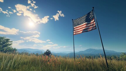 A sunny day with an American flag waving in the blue sky.
