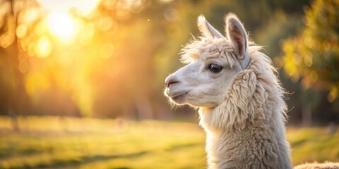 Obraz premium Alpaca in serene landscape, soft fur glistens in sunlight, gentle eyes gaze into distance , tranquility, outdoors