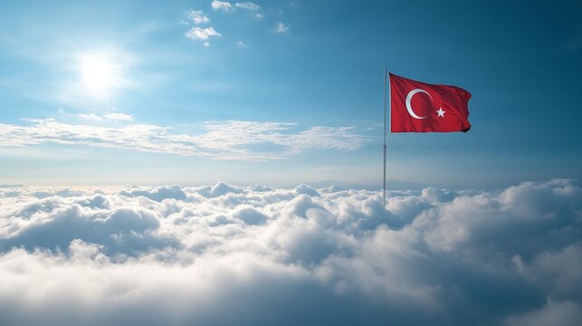 A Turkish flag flies high above the clouds.
