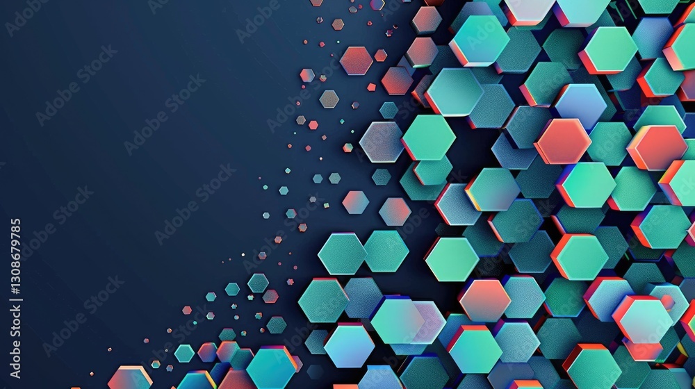 Poster geometric hexagon shapes in green and red on a dark background. 3d abstract design with depth and pe