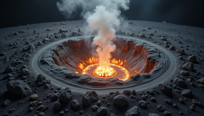 Dramatic asteroid impact crater with smoke and dust, planetary creation