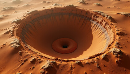 Gigantic impact crater on Mars showcasing layered rock formations, exploration