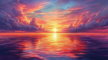A vibrant sunset over a vast ocean horizon, with dramatic clouds painted in fiery hues of orange, pink, and purple reflecting on the calm water