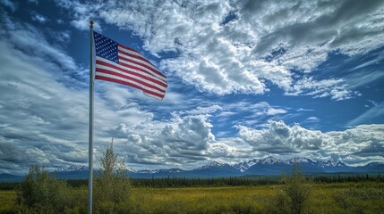 Fototapeta premium An American flag flew high against a cloudy summer sky, with Alaskan mountains in the distance. 