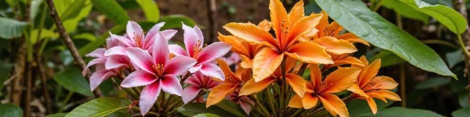 Two flowers, one pink and one orange, are growing in a garden