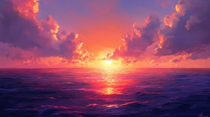 Fototapeta premium A vibrant sunset sky filled with fiery orange and pink clouds stretching across the horizon, glowing above a peaceful ocean expanse