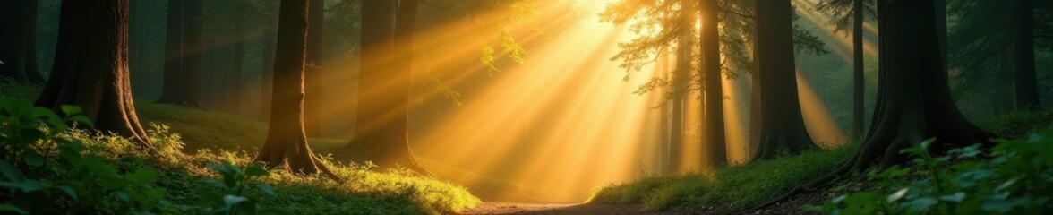 Golden sunbeams pierce dense canopy, illuminating forest floor, perspective, background
